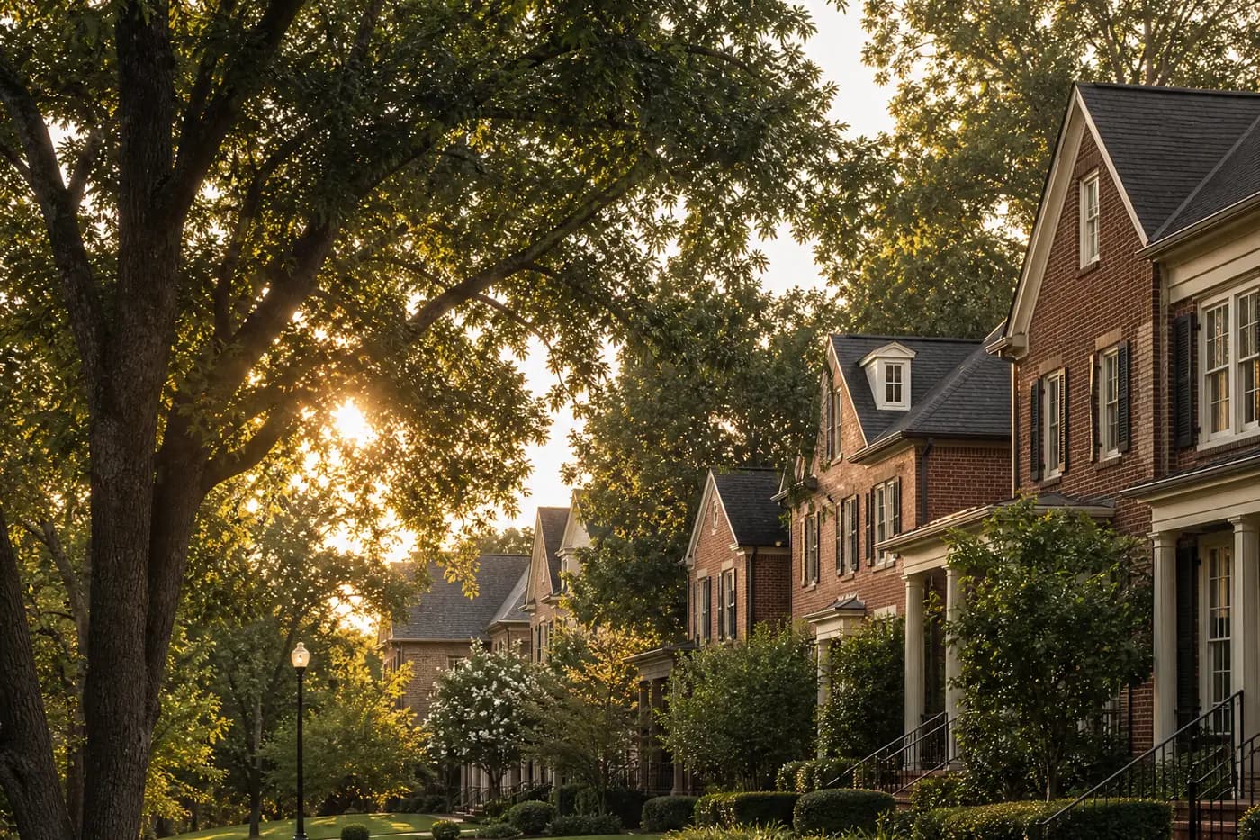 Row of traditional brick homes along a tree-shaded walking path