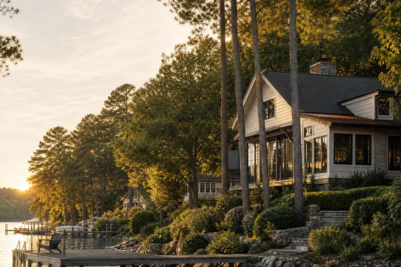 Lakeside cottage-style home with a private dock among tall pines