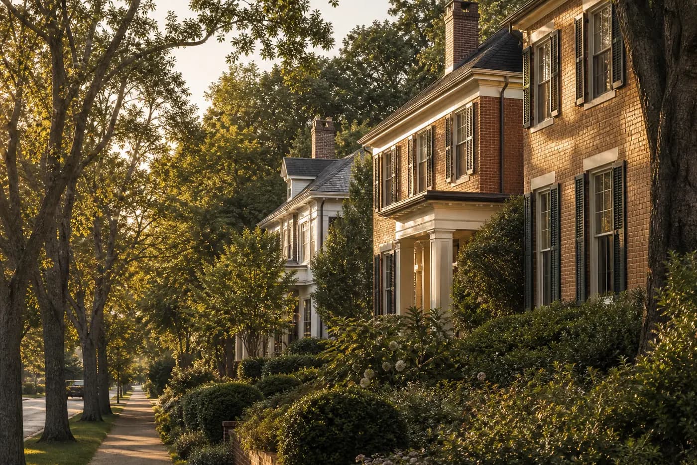 Traditional brick two-story homes with shutters beneath mature shade trees