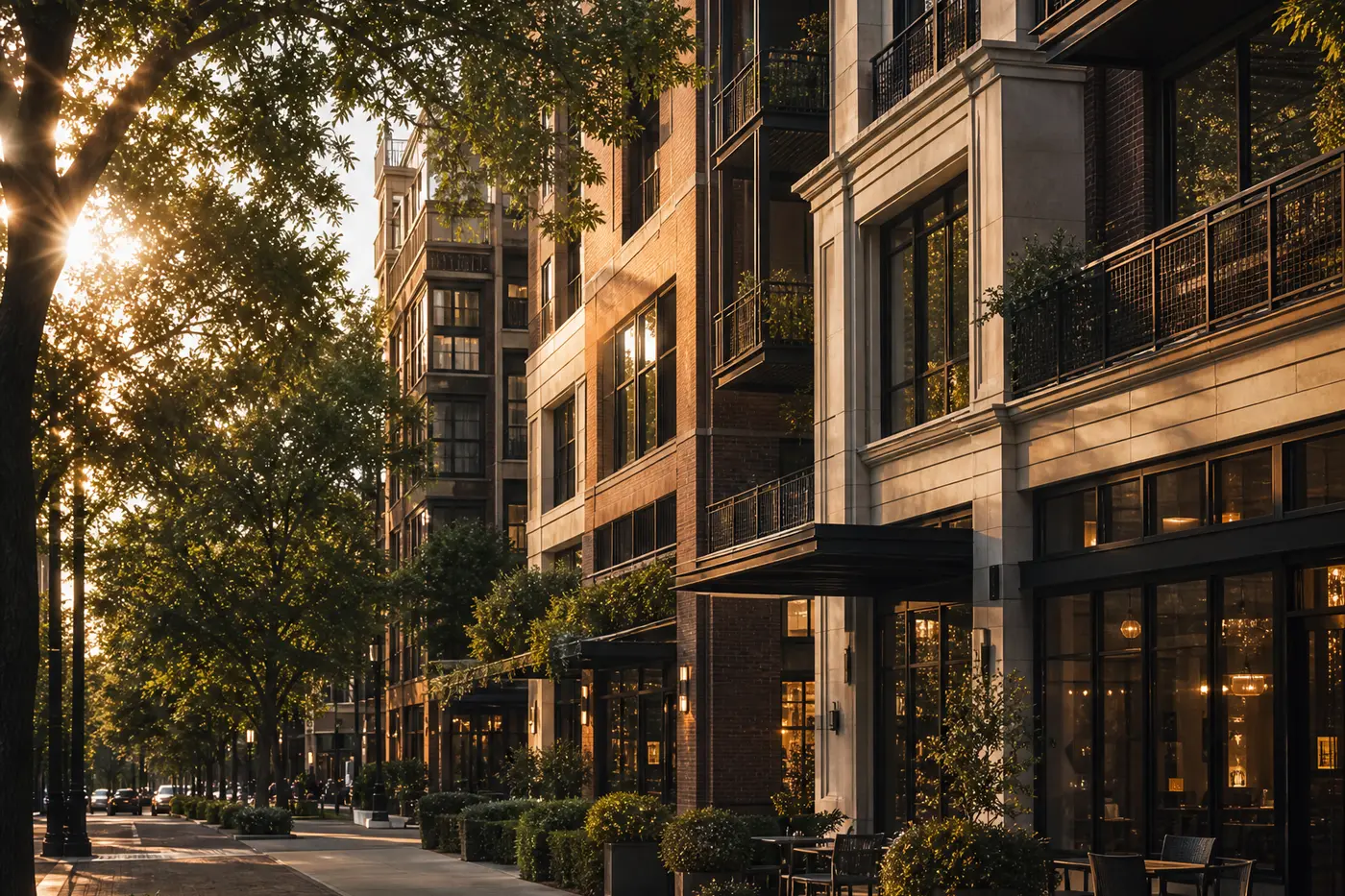 Tree-lined urban street of mid-rise residential buildings with ground-floor dining