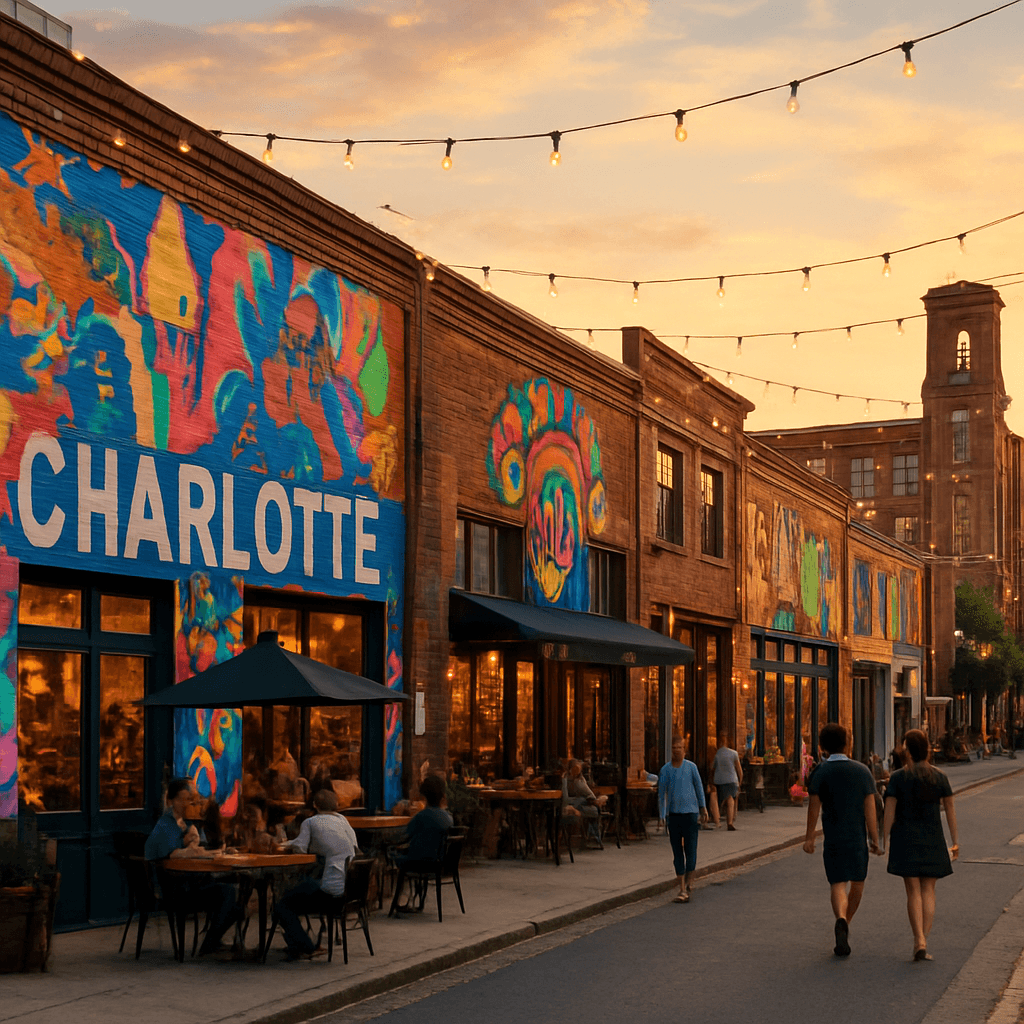 Arts-district street with a large Charlotte mural, string lights and outdoor dining