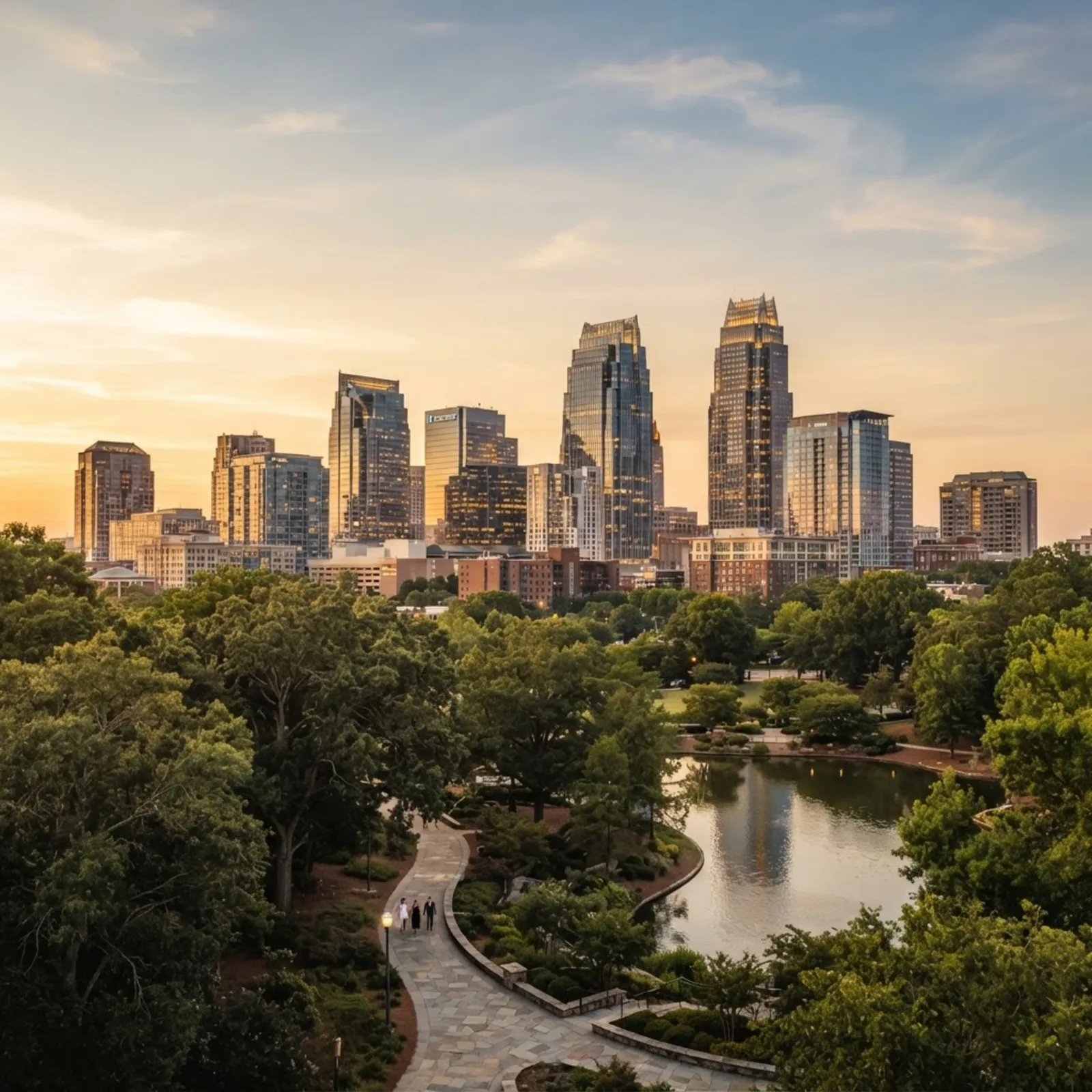 Charlotte skyline above a wooded park and greenway at sunset