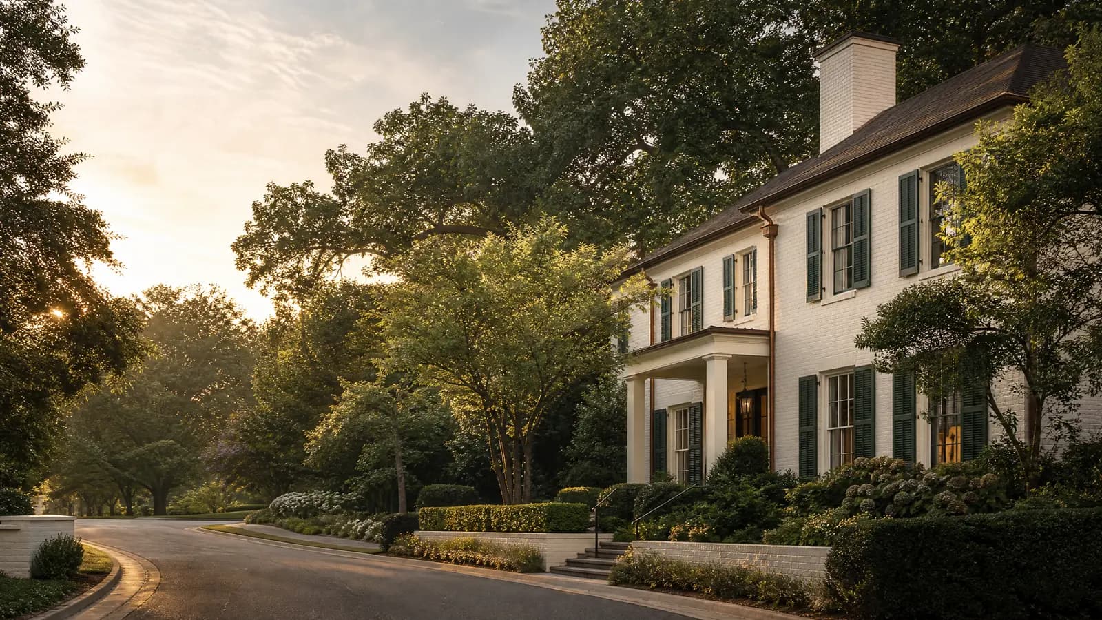 White two-story colonial home with black shutters on a tree-lined residential street