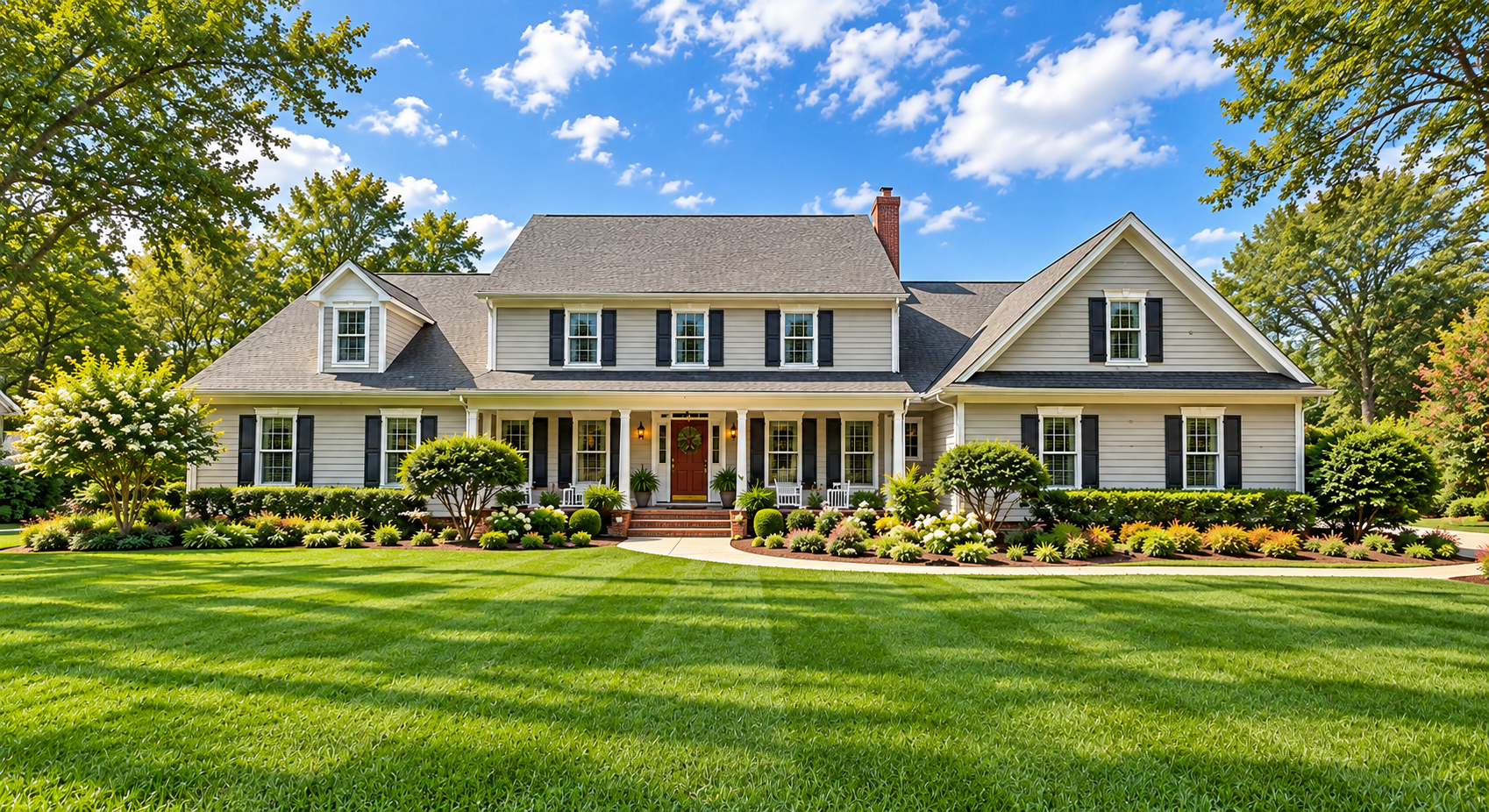 A welcoming home with a full front porch, gabled rooflines, mature trees, layered landscaping, and a generous green lawn